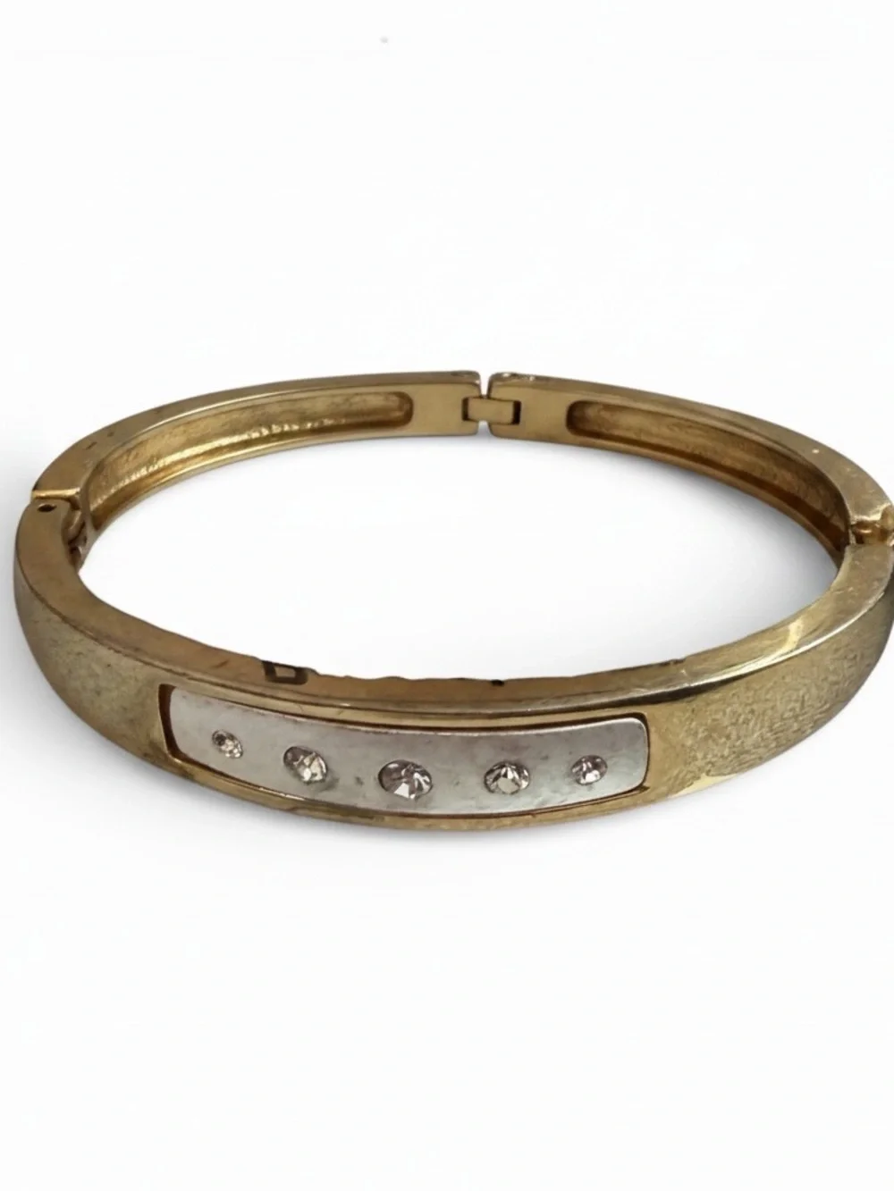 Vintage Two-Tone Hinged Bangle Bracelet with Rhinestones